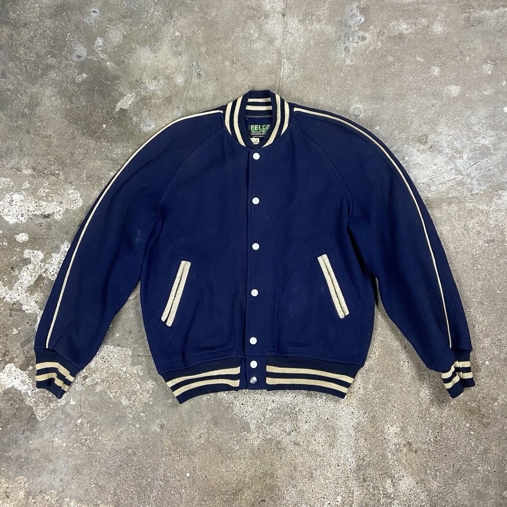 Vintage 60s Felco Athletic Wear Varsity Jacket Size 40 Navy Wool Blue Bomber #23